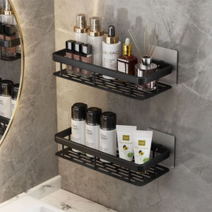 Kệ Đựng Đồ Hình Chữ Nhật Màu Đen Bằng Nhôm Loại Hút Chân Không Góc Nhà Vệ Sinh Một Tầng Gắn Tường Không Cần Khoan