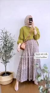 INARA Setelan Rok Plisket dan Atasan Wanita Terbaru Busui Kancing Depan Baju Muslim Set Kekinian Zavika