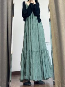 Street Style Long Dress Tulle Splicing Fish Tail Loose Fit Textured Gown Bell Sleeve without Zipper Pure Color Summer Dress