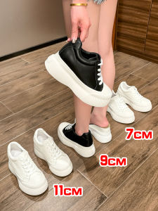 Elevated Thick Sole Cookie Style Womens Shoes Leather Low Height Increase 11cm Casual round Toe Rubber Outsole Solid Color