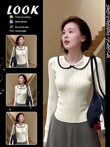 Soft and Thick French Style White Collar Long Sleeve Knitwear