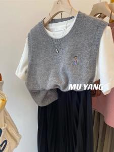 เสื้อกั๊กถักนิตติ้งคอตตอนผสมขนสัตว์สำหรับผู้หญิง ทรงหลวมสบาย ๆ สำหรับวันหยุดสุดสัปดาห์ ทรงหลวม แขนยาว ปกติ