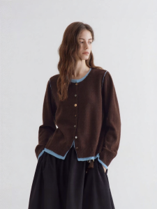 Fano | Áo Cardigan Len Mô Phỏng Hai Mảnh Nút Không Đều Màu Khối