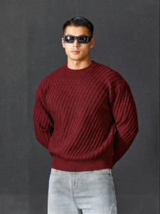 TOMATOPAPA | Áo Sweater Cổ Tròn Dệt Kim Dây Lỏng Tay Dài Đơn Giản Màu Đỏ