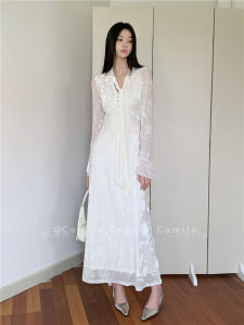 ชุดเดรสยาวคอวีแขนยาวปักลูกไม้สไตล์ฝรั่งเศสสำหรับผู้หญิง ชุดเดรสยาวเอวเข้ารูปสไตล์ฤดูใบไม้ร่วงใหม่