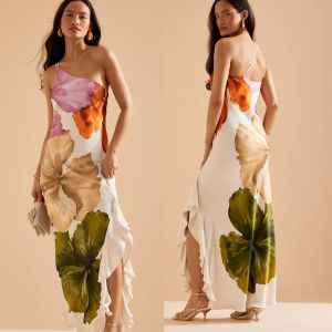 VEITCHE Fashion Women Printed Curling Edge Long Dresses Irregular One Shoulder Open Fork Gown Women Summer 2025 Party Vestidos