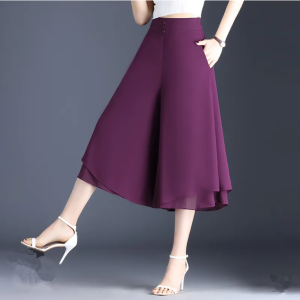 Womens Wide Leg Pants Summer Spring Chiffon Loose Thin Seven-Quarter Length Anti-Light Skirt Outerwear Casual Cotton Trousers