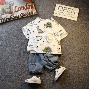 ชุดเด็กชายฤดูร้อน ชุดสองชิ้นแขนสั้น ผ้าฝ้าย ลายการ์ตูน แฟชั่นสำหรับเด็กชาย ชุดลำลองสำหรับเด็ก ชุดฤดูร้อนสำหรับเด็ก