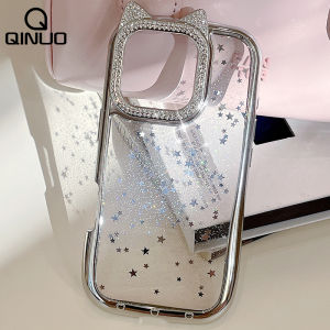 3D Plating Clear Cat Ears Star Phone Case For iPhone 16 15 14 13 12 11 Pro Max Cartoon Luxury Glitter Diamonds Shockproof Cover