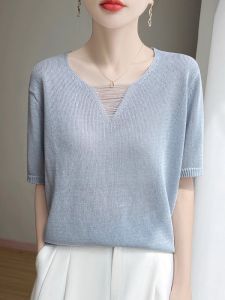 WANGGONGZHU | V-Neck Ice Silk Cool Feeling Short Sleeve Knitted Sweater Women Summer Thin New Design Pure Color Versatile Top Women