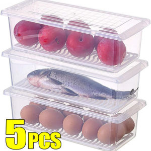 5Pcs Large Capacity Refrigerator Crisper / with Drain Tray and Sealing Cover / Meat Fruit Vegetables Fresh Box / Food Grade Sub-Packed Box / Kitchen Food Storage Box