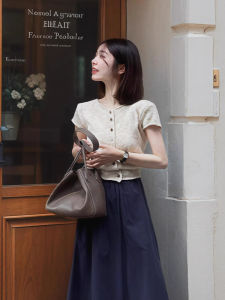 Áo Len Cardigan Dệt Kim Lụa Lạnh Tay Ngắn Cổ Tròn Dáng Ôm Phong Cách Hàn Quốc Mùa Hè Mới Cho Nữ