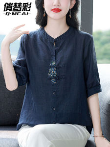 เสื้อเชิ้ตผู้หญิงผ้าลินินหลวมแขนสั้นสไตล์จีนใหม่ กระดุมแบบจีนโบราณ ทรงหลวม เสื้อเชิ้ตผ้าฝ้ายระดับไฮเอนด์