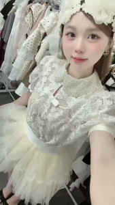 Set đồ đi tiệc set tiểu thư sang chảnh áo Ren cổ sen bèo tay bồng kèm chân váy mini Lưới tầng