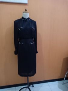 midi dress wanita hitam garis MIGNON cewek S M lengan panjang MEWAH