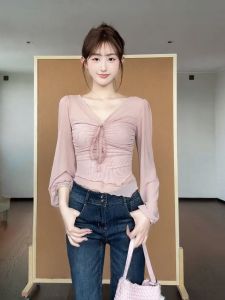 French V-neck T-shirt Womens Early Autumn Long Sleeve Belted Slimming Beautiful Small Top Breathable Mesh Skin-friendly