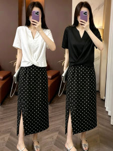 TIANQIANHUI | Bộ Trang Phục Mùa Hè Thời Trang Áo Thun và Chân Váy Chấm Bi Satin Acetic