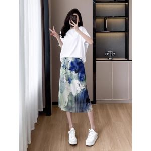Ice Silk Ink Painting Skirt for Women Summer Thin Tie-Dyed Cool One-Piece Ruched Beach Floral Skirt New Chinese Style