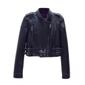 Fashionable Short PU Leather Jacket Womens Motorcycle Style Outerwear Spring Autumn New Arrival Commute Style Zipper Design