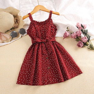 Princess Dress For Kids 4-7 Years Summer Girls Red Polka Dot Spaghetti Strap Dress Elegant Temperament Vintage Baby Girl Dress