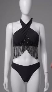 JEWELRY SEN Women Black Sequin Fringe Halter Bikini Set 2‑Piece Cut‑Out Summer Beach Party Bathing Suit Swimwear