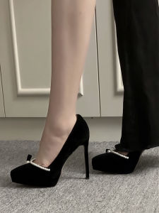 Miss Flower French Style Waterproof Platform High Heels Womens Thin Heel Black Summer New Pointed Pearl Single Shoes