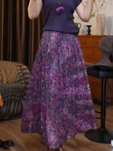 QINGNAER | Retro Light Maturity Style Purple Floral Pleated Drape High Waist Half Skirt