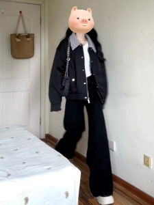 Stylish Retro American Jacket Womens Winter Short Cotton Coat Sweet Style Loose Fit Long Sleeve Polo Collar Pure Color