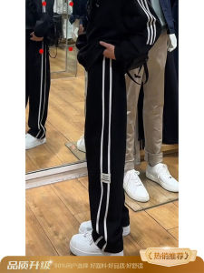 กางเกงวอร์มทรงตรงสไตล์อเมริกันสตรีทสำหรับผู้ชาย กางเกงขายาวลายทางลำลองฤดูร้อนสำหรับเยาวชน สีดำ กางเกงขายาวทรงหลวมสบาย ๆ