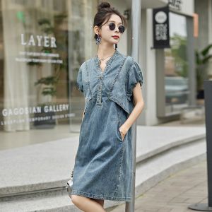 Loose V-Neck Short Sleeve Denim Dress Women Summer Small Size Fashion Design Hand Sleeve Drawstring Mid-Length Skirt