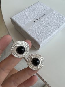 3art French Style Uno Elegance Fancy Black Agate S925 Silver Handmade Brushed Disc-Shaped Earrings Stud Earrings