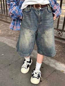 Retro American High Street Wide Leg Jeans Shorts Womens Loose Fit Five Parts Pants Straight Seven Parts Trousers