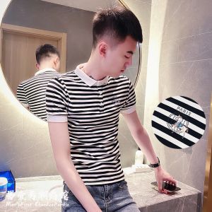 Slim Fit Mens Short Sleeve T-Shirt Trendy Striped POLO Shirt Summer High End Feeling Cool Brand Youthful round Neck Tee