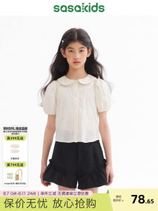 Princess Style Short Sleeve Shirt for Girls Cute Doll Collar Embossed Butterfly Knot Cotton Pure Color Summer Casual Wear