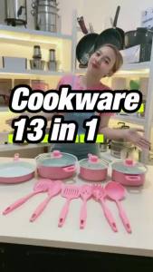 [KB] Cookware 13in1 Panci Set Stainless 7pcs Tutup Kaca Spatula isi 6pcs Multifungsi / Anti Lengket