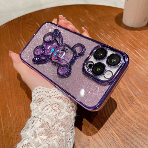 Trendy Violent Bear Phone Case for  14Promax 13 12 Full Cover Womens Model 14Plus Luxury Plating 11 Sparkling Sand New Transparent Anti-Fall PM Lens Film