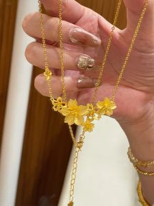 ใหม่ 24k Gold แบบดั้งเดิมสามชีวิตดอกไม้สร้อยคอ ผู้หญิง ข้อเท้า Peony ดอกไม้ 999 Gold Lockbone สําหรับแฟน