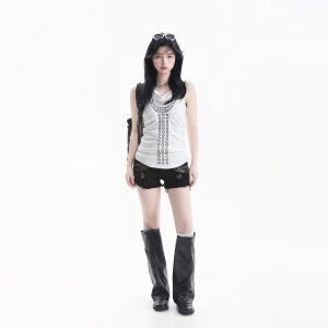 American Hotgirl Metal Rivets Waist-Cinching Pleats Light Asiana Style Vest