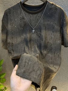 Guangzhou Thirteen Rows High-End Mens Fashion T-Shirt Glitter Gradient Hole round Neck Short Sleeve Urban Style Top
