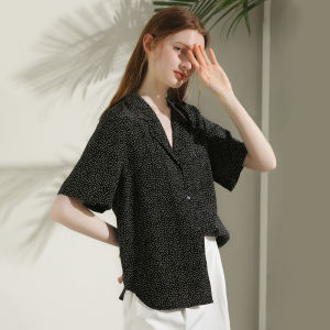 Miccbeirn | Miccbeirn Silk Short Sleeve Shirt Vintage V-neck Polka Dot Printed Womens Top Elegant Commute Style Pure Color Straight Cut