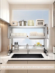 GAA 304 Stainless Steel Dish Rack with Cover Over the Sink Large Capacity Dish Cabinet Kitchen Organizer