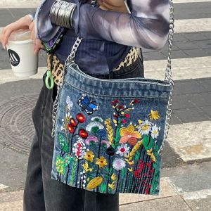 Nữ Thêu Hoa Da Bò Túi Đeo Vai Thời Trang Denim Messenger Túi Xách Vuông Mềm Cá Tính Xu Hướng Dành Cho Học Sinh Sinh Viên