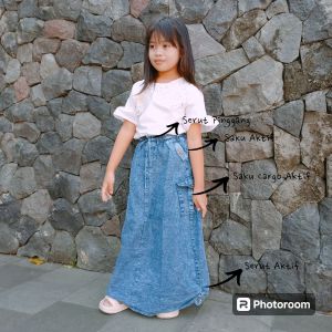 Rok Jeans Cargo Anak 7-12th Highwaist Kempol Serut/Rok Jeans Snow Panjang Anak SD