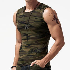 Summer Camouflage Military Green Vest Mens Wide Shoulder Slim Fit Sleeveless T-Shirt Outerwear Sport Trend Cotton Casual Wear