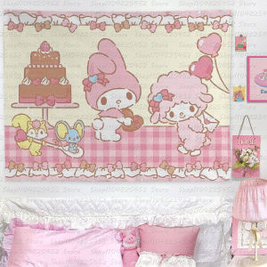 Sanrio | Adorable Sanrio Family Pink Heart Tapestry Kawaii Anime Wall Hanging Decoration Girls Heart Printed Tapestry Super Cute Decorat