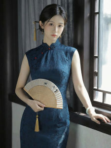 Retro Style Qipao Dress Deep Blue Fitted Sleeveless