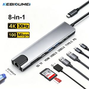 Kebidumei | KEBIDUMEI USB HUB 8 in 1 Type C to 4K30Hz HDMI SD&TF 5Gbps USB3.0 RJ45 PD100W USB Splitter Docking Station for Laptop Macbook