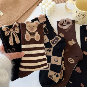 Autumn and Winter Socks Womens Tube Socks Easiest for Match Black Stockings Feather Yarn Stuffed Bear Socks K-style Pure Cotton Ins Fashion