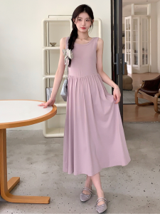 French Style Sweet Sleeveless Vest Dress Women Summer New Gentle Wind Loose Slimming Long Dress round Neck Pure Color