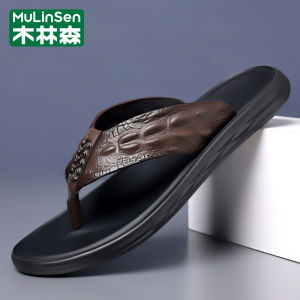 Mulinshan Mens Sandals 2024 Summer Anti-slip Leather Thong Slippers Casual High-end Slippers Lightweight Flat Heel Pure Color